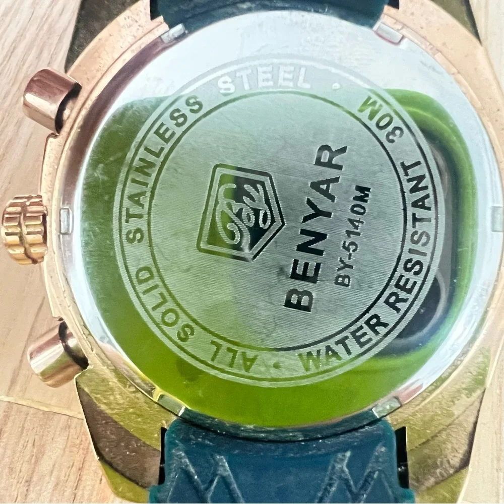 Benyar mens navy blue rose gold tone chronograph watch NEW BATTERY